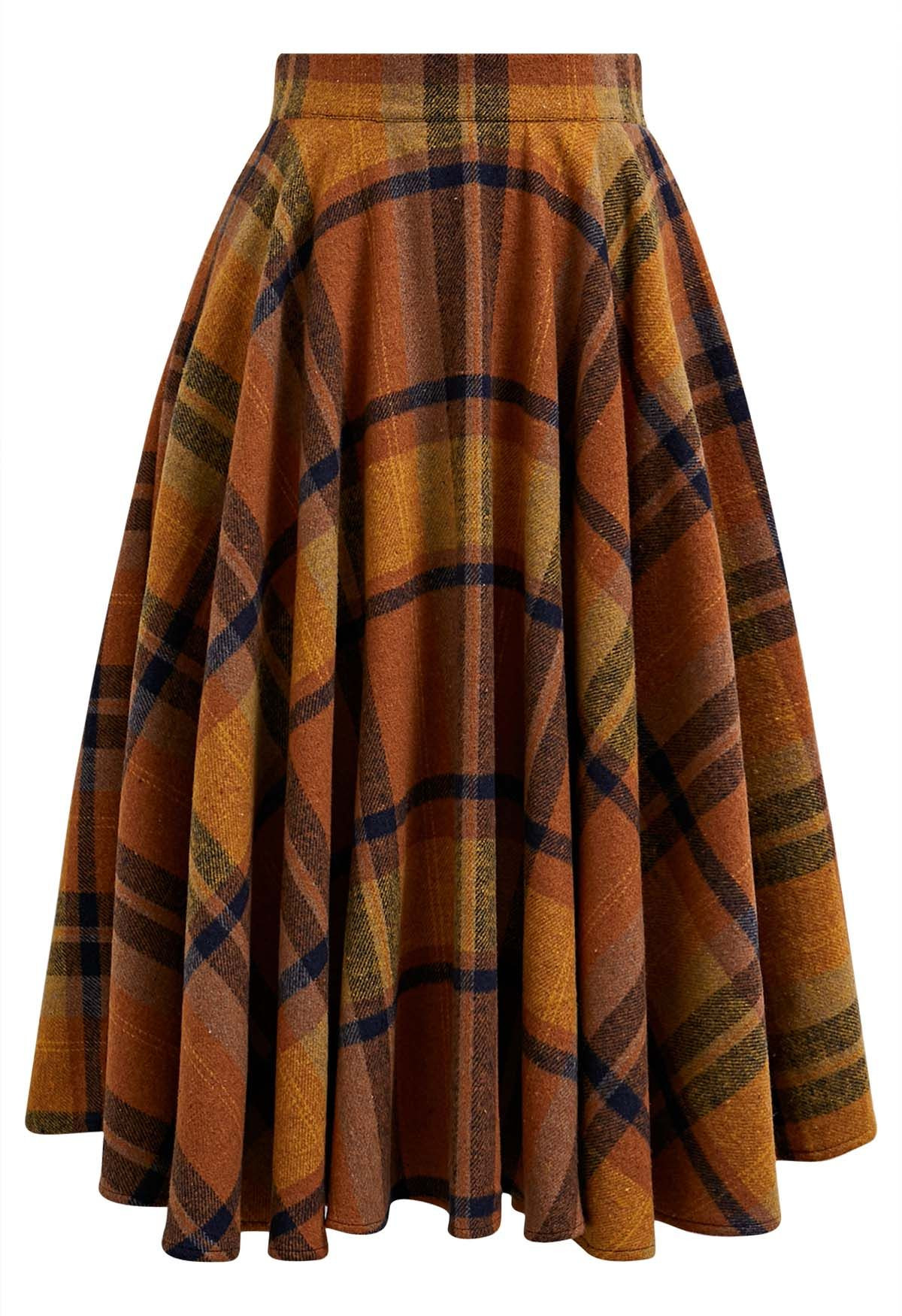 Perfect in Plaid A-Line Wool-Blend Midi Skirt in Pumpkin | Chicwish
