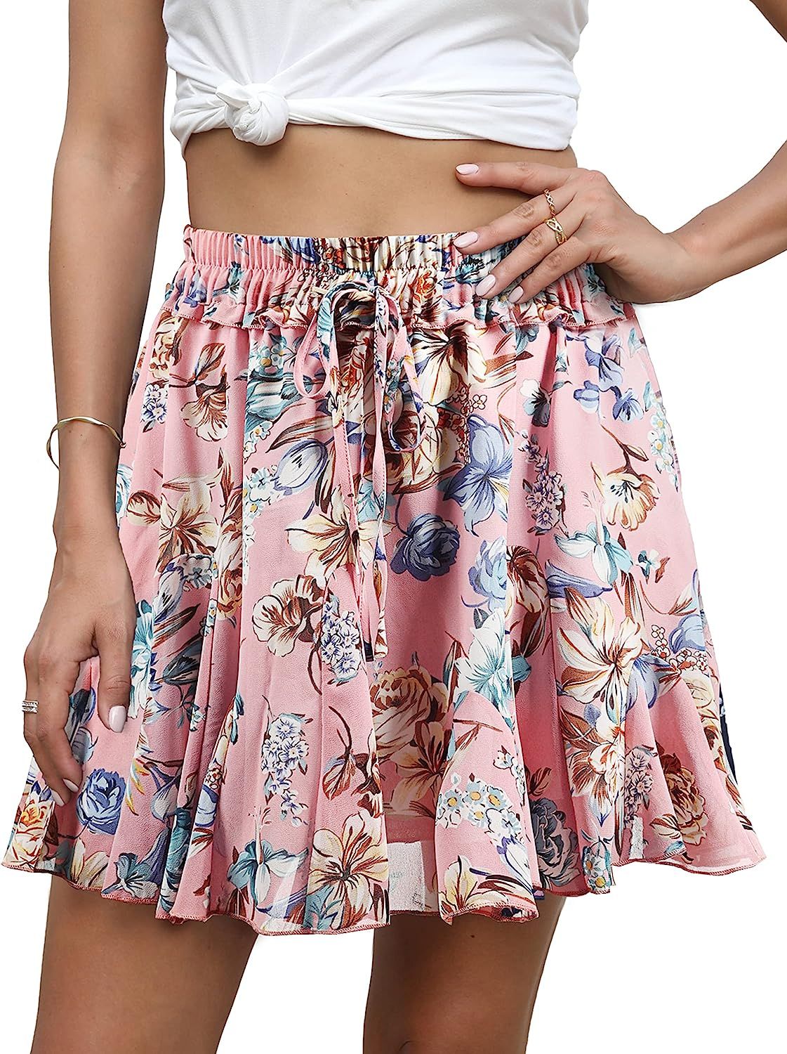 PRETTYGARDEN Women's Vintage Floral Mini Skirt Summer Pleated Ruffle Elastic Waist A-Line Flared ... | Amazon (US)