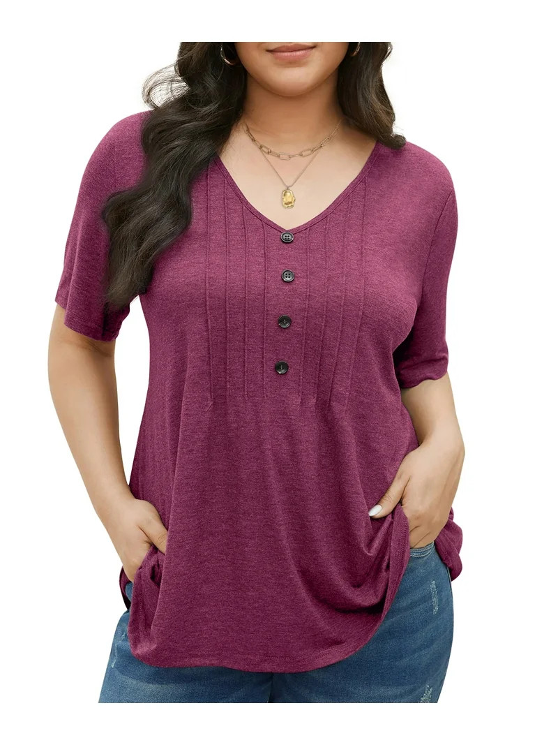 Fantaslook Plus Size Blouses for Women Pleated Button Short Sleeve Shirts Casual V Neck Tunic Top... | Walmart (US)