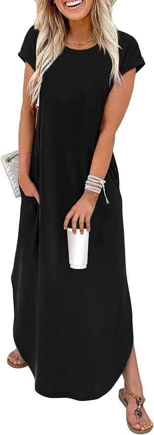 WIHOLL Summer Dresses Cap Sleeve Crewneck Maxi Long Casual Dress with Pockets Beach Vacation Sund... | Amazon (US)
