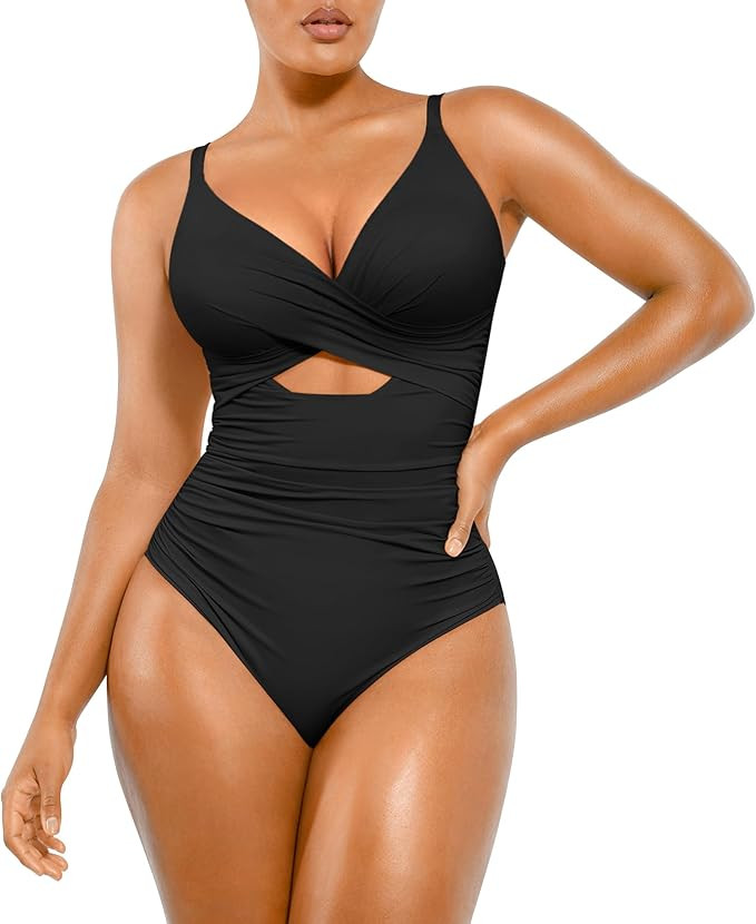 SHAPELLX Tummy Control Swimsuits Women V Neck One Piece Bathing Suit Ruched Push Up Slimming Swim... | Amazon (US)