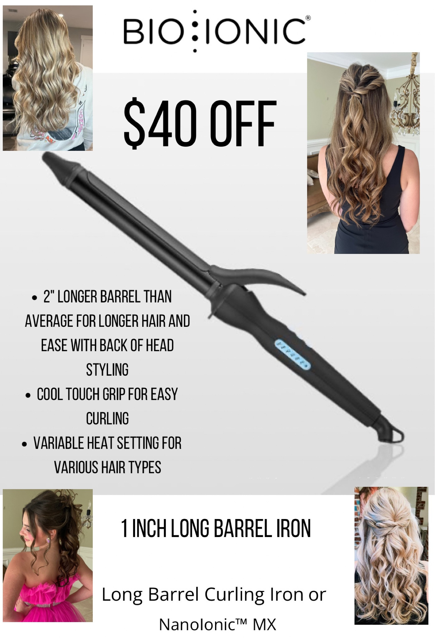 First time I have ever seen this iron $40 off ! Obsessed with the Bio Ionic
Long Barrel Iron. The 1 inch is my favorite,  but the 1.25 inch is fantastic for a larger more bouncy curl. Mother’s Day Gift for mom …. Click the link ! 

#LTKbeauty #LTKGiftGuide #LTKstyletip