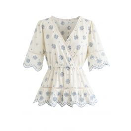 Floral Broderie Anglaise Wrap Peplum Top in Blue | Chicwish