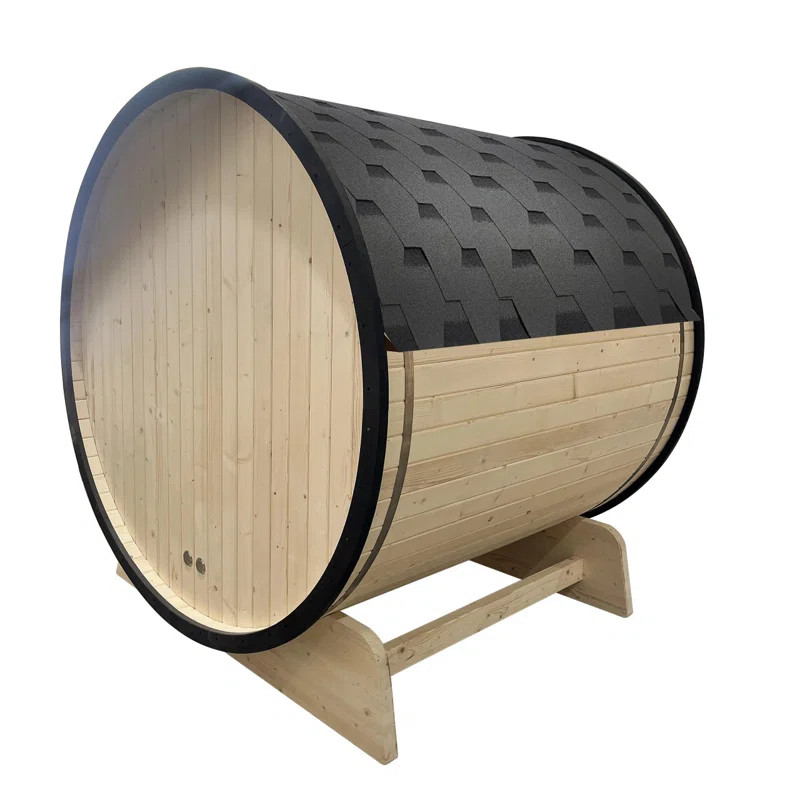 Aleko Outdoor White Finland Pine Traditional Barrel Sauna with Black Accents & Front Porch Canopy... | Wayfair North America