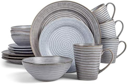 Elanze Designs Modern Chic Ribbed Ceramic Stoneware Dinnerware 16 Piece Set - Service for 4, Slat... | Amazon (US)