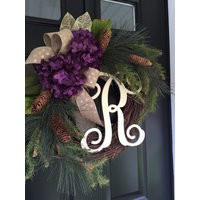 Purple Hydrangea Winter Wreath - Pine Holiday Christmas Decor Monogrammed | Etsy (US)