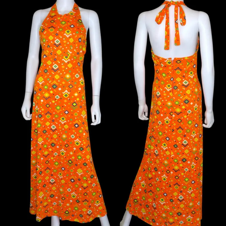 Vintage 70s Sears JR Bazaar Halter Maxi Dress Multicolor Hawaiian Mod Women's SMALL | Etsy (Global)