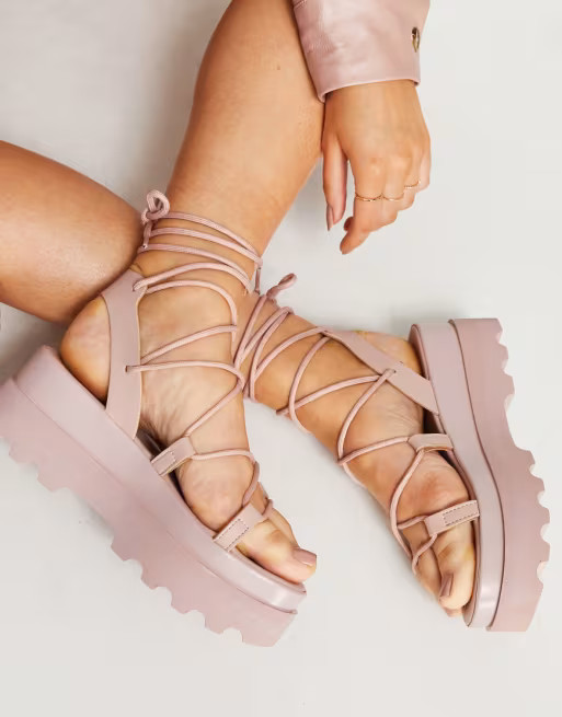 ASOS DESIGN Trent tie leg flatform sandals in blush | ASOS (Global)