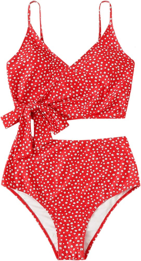 SweatyRocks Women's Two Pieces Swimsuit Solid Color Tie Side Top High Waisted Bikini Set | Amazon (US)