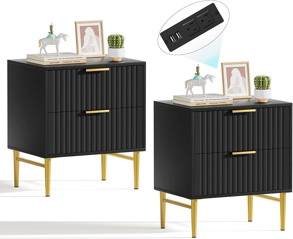 Black Nightstand Set of 2 with Charging Station, Fluted Nightstand with Drawers, Modern Bedside T... | Amazon (US)
