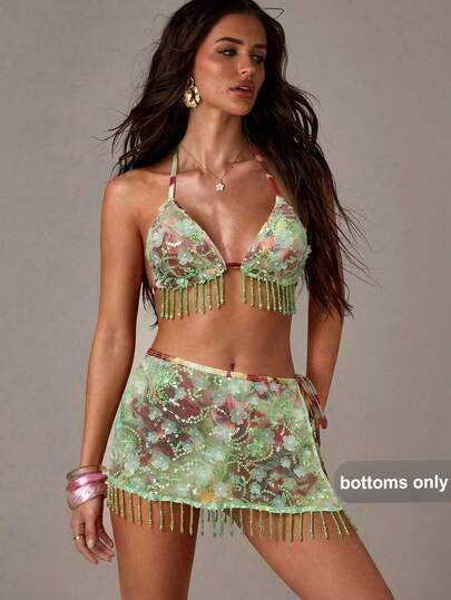SHEIN BAE 1pc Women's Green Beaded Mesh Swimsuit Cover Up Cover Ups For Swimwear | SHEIN UK | SHEIN