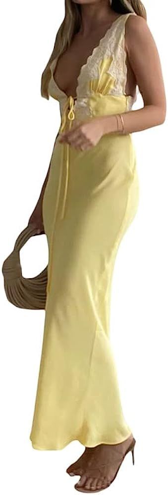Linjianvhai Women Sexy Long Dress Bodycon Open Back Tie Up Solid Color Halter Neck Sleeveless Summer | Amazon (US)