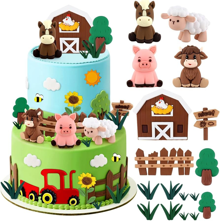 Hooqict 17Pcs Farm Cake Decorations Set with Mini Horse Cow Pig Sheep, Farm Animal Cake Toppers f... | Amazon (US)