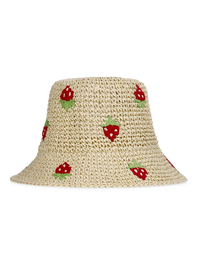No Boundaries Straw Bucket Hat, Women's, Natural/Strawberry | Walmart (US)