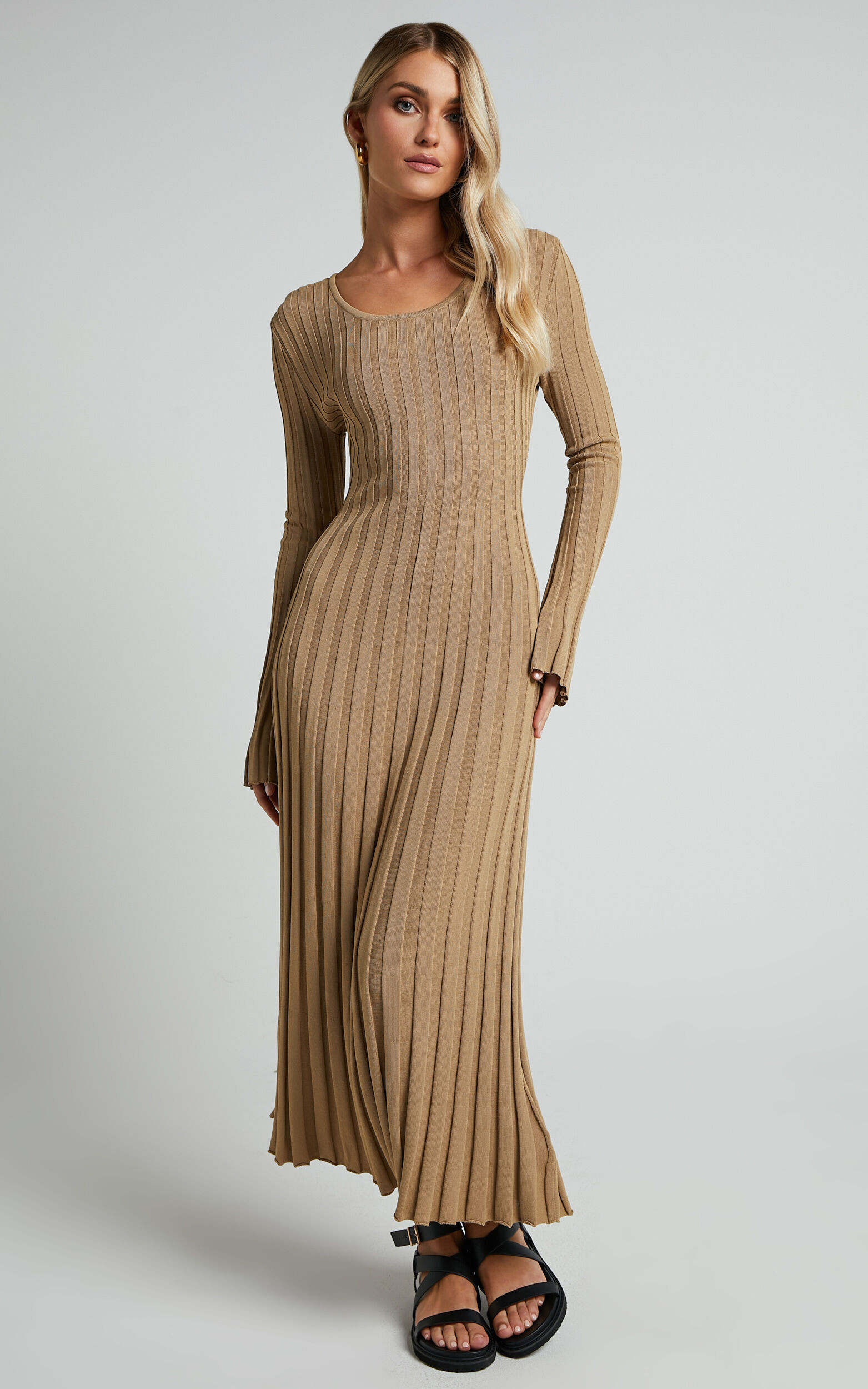 Blaire Midi Dress - Long Sleeve Tie Back Flare Dress in Roasted Cashew | Showpo (US, UK & Europe)