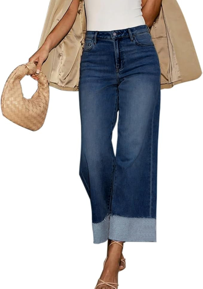 Women's High Waisted Wide Leg Jeans Stretch Frayed Raw Hem Straight Leg Boyfriend Cuffed Jeans Tr... | Amazon (US)