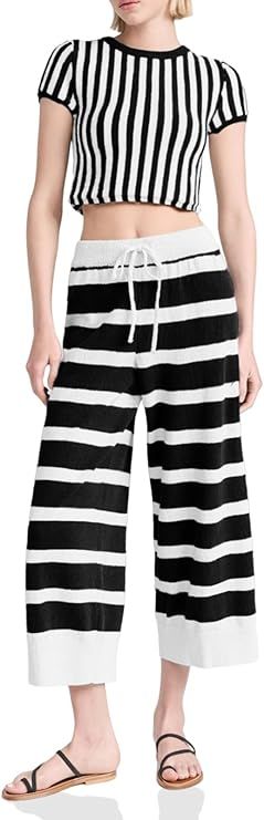 Tankaneo Women's 2 Piece Outfits Striped Knit Lounge Sets Short Sleeve Crop Top Wide Leg Pants Sw... | Amazon (US)