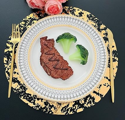 Disposable Black and Gold Placemats Set of 50 Metallic Thin Round 13 Inch Glitter Foil Gold Doili... | Amazon (US)