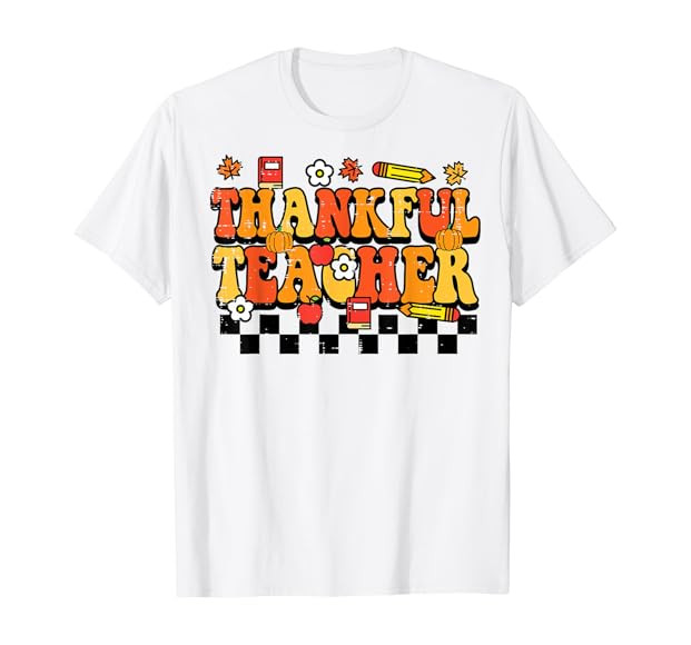 Thankful Teacher Retro Groovy Thanksgiving Fall Women Men T-Shirt | Amazon (US)