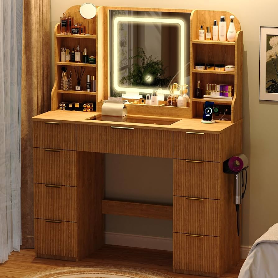 Fluted Vanity Desk with Mirror and Lights, Wooden Make Up Vanities Desk with 9 Drawers Glass top,... | Amazon (US)