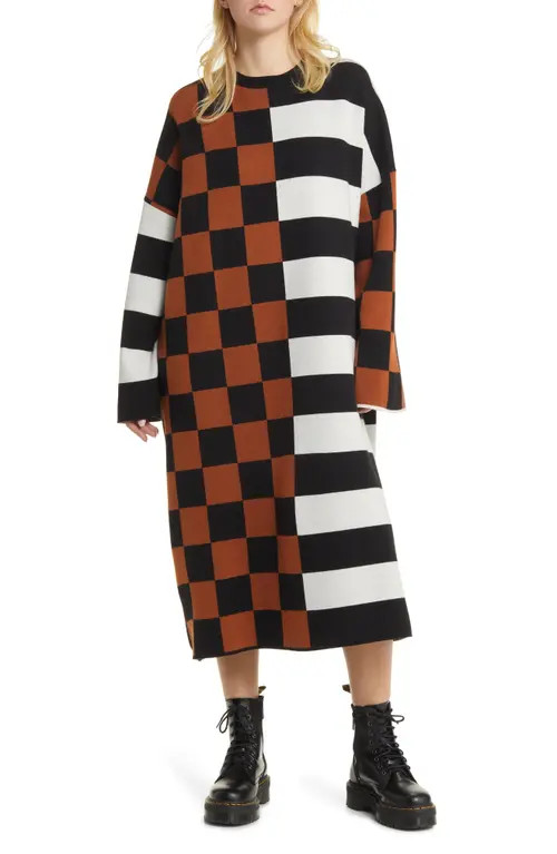 Dressed in Lala Check & Stripe Long Sleeve Sweater Dress in Black Brown White at Nordstrom, Size Small | Nordstrom