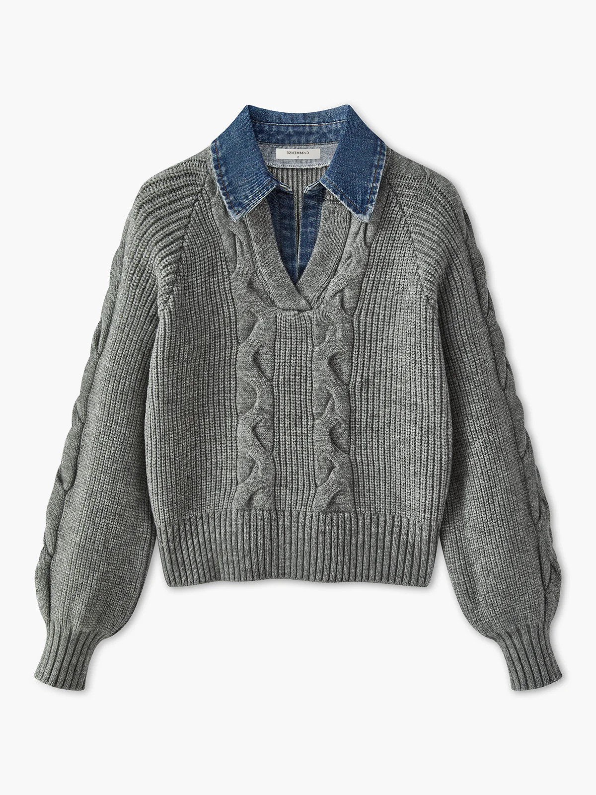 Denim Panel Ribbed Lapel Sweater | Commense