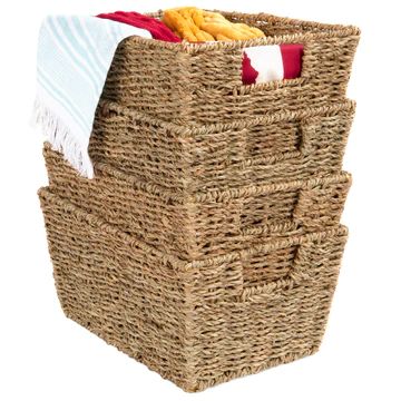 Set of 4 Seagrass Storage Tote Baskets, Laundry Organizer w/ Insert Handles | Best Choice Products 