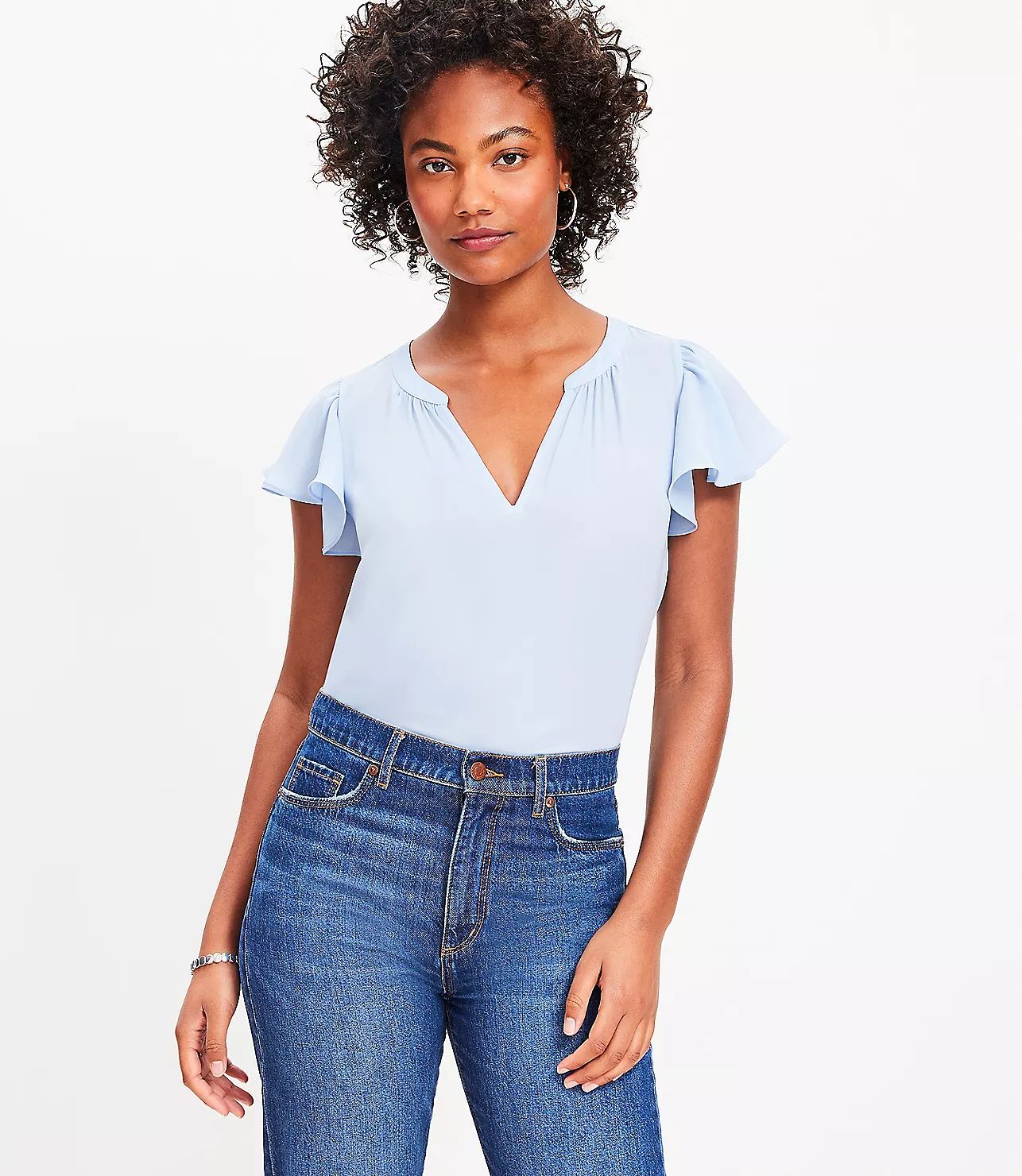 Petite Flutter Sleeve Mixed Media Top | LOFT