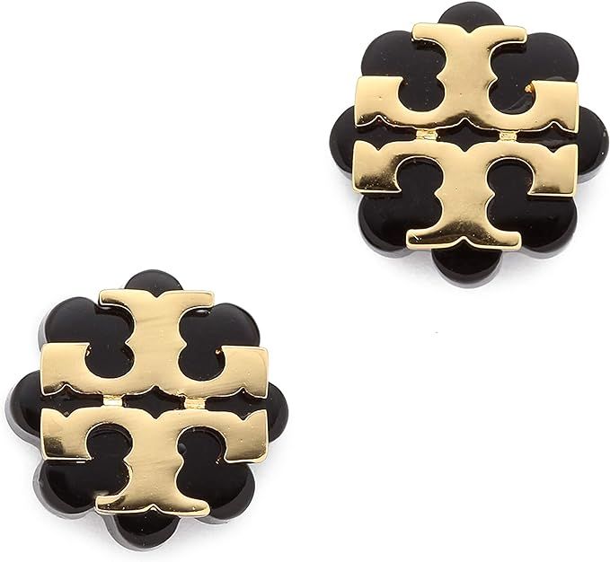 Tory Burch Flower Resin Logo Earrings - Black Gold | Amazon (US)