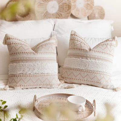 Set of 2 18x18 Neutral Boho Throw Pillow Covers with Tassels for Sofa, Couch, Home Décor. | Wayfair North America
