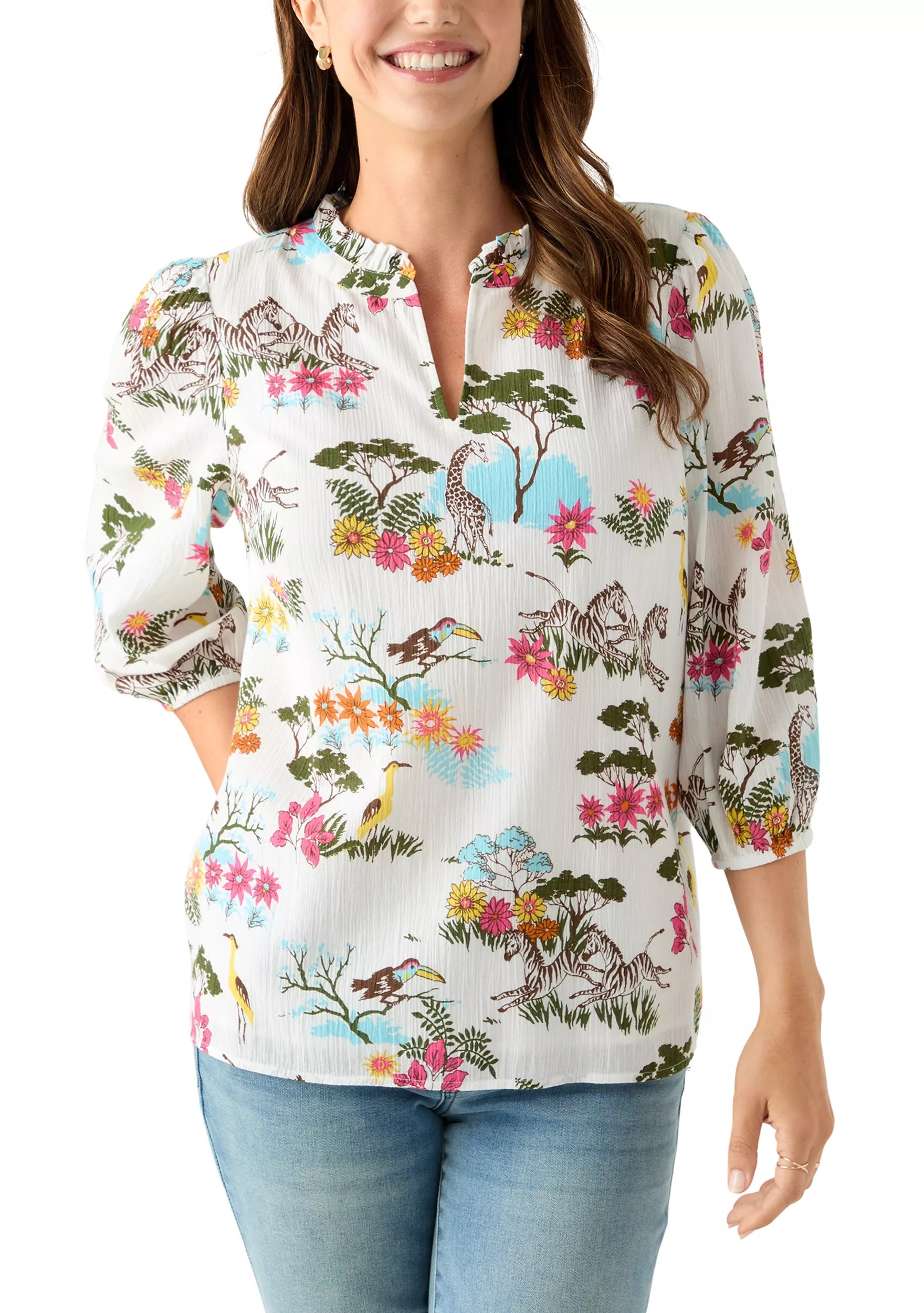 Women's 3/4 Sleeve Texture Woven Peasant Top | Belk