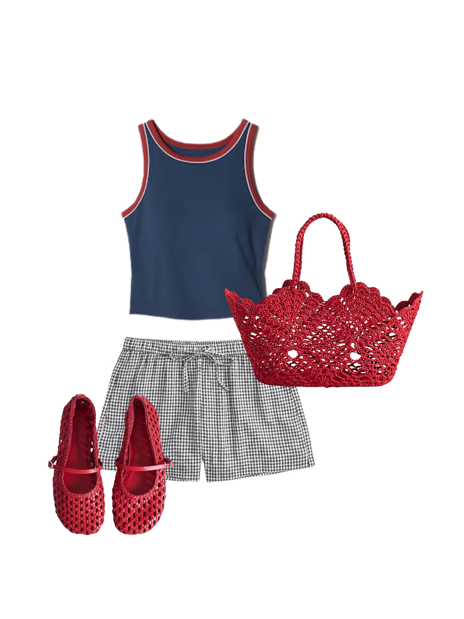 Navy and red spring outfit inpso, bra free vest and gingham shorts with red accessories 

 #LTKspring #LTKstyletip
