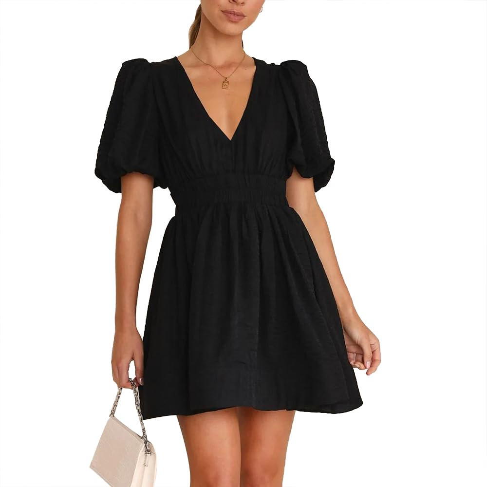 Women's Mini Dress Puffy Short Sleeve Deep V Neck A-line Flowy Beach Vacation Short Dresses Casua... | Amazon (US)