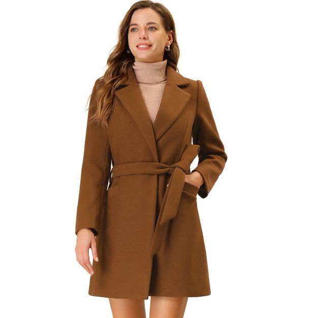 Allegra K Women's Notched Lapel Wrap Outerwear Winter Belted Trench Coat with Pockets | Target
