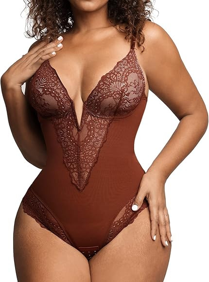 Popilush Lace Shapewear Bodysuit Women Tummy Control Backless Tank Tops V Neck Body Suit Thongs | Amazon (US)