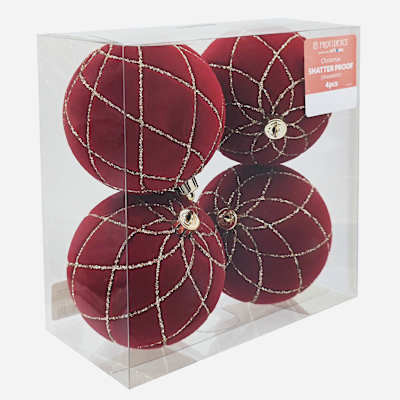 4-Count Red Flocked Ball Ornaments, 3.8" | At Home