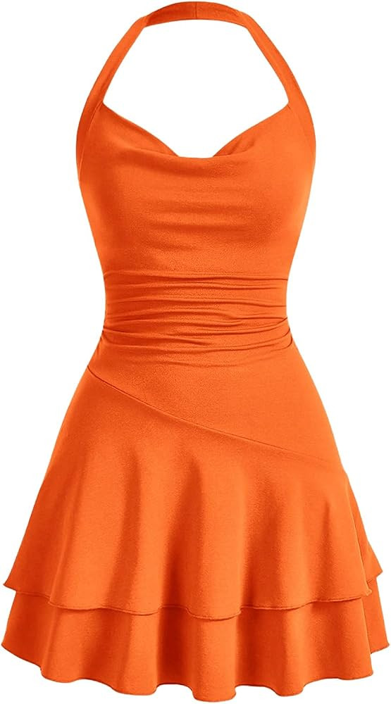 OYOANGLE Women's Summer Cute Dress Sleeveless Halter Ruffle Short Dress | Amazon (US)