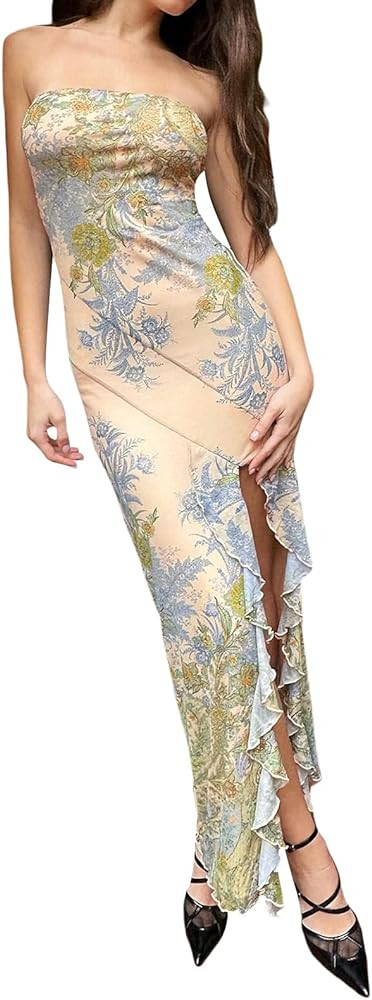 Women Sexy Tube Dress Y2k Ruffle Backless Floral Print Bodycon Maxi Dress Strapless Irregular Tas... | Amazon (US)