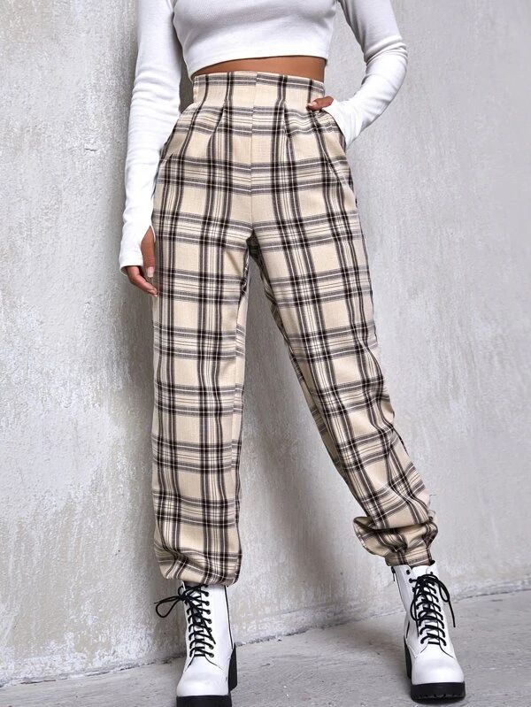 High Waist Fold Pleat Tartan Pants | SHEIN