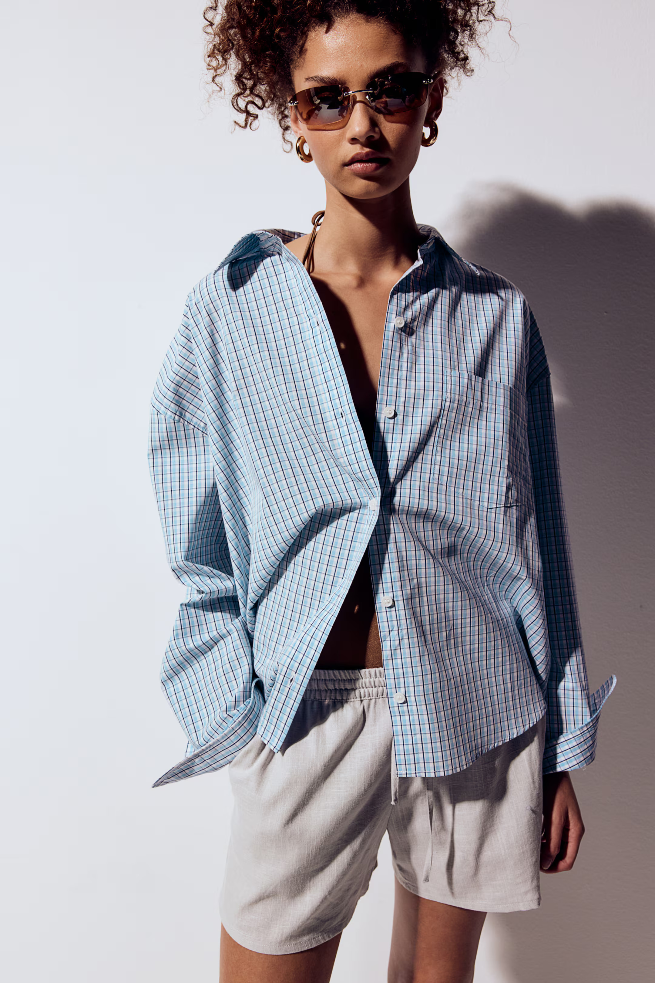 Oversized Cotton Shirt - Light blue/checked - Ladies | H&M US | H&M (US + CA)