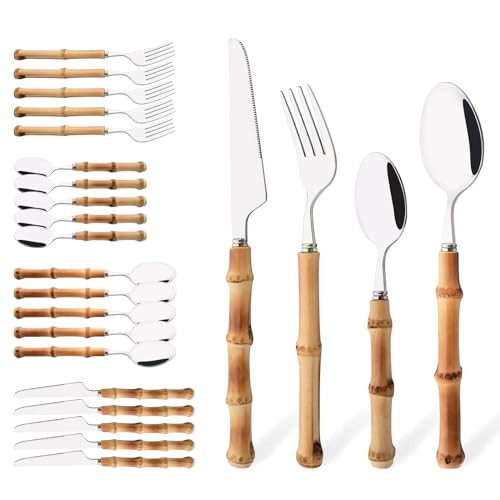 Uniturcky Bamboo Silverware Ser, 24-Piece Natural Bamboo Flatware Cutlery Set for 6, Stainless Steel Silver Head with Bamboo Handle, Include knife Fork Spoon Utensil for Daily Use and Party, Reusable | Amazon (US)