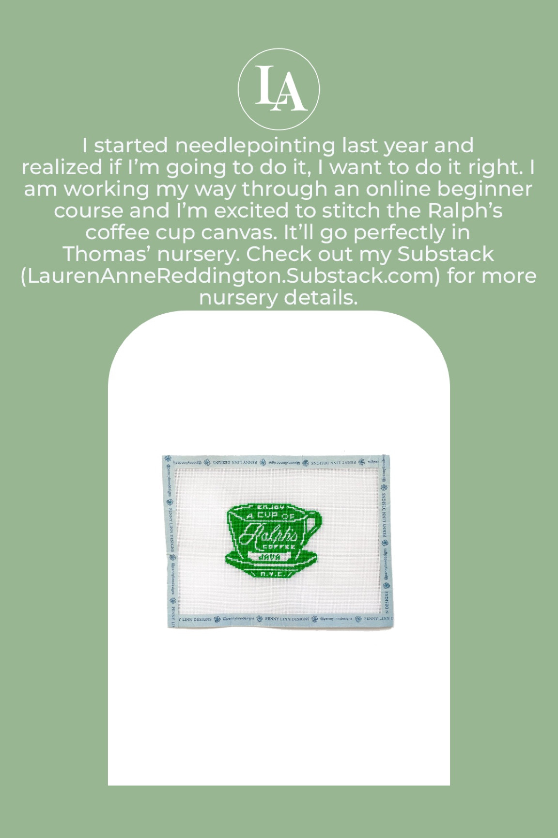 Penny Linn needlepoint Ralph’s Cafe coffee cup 