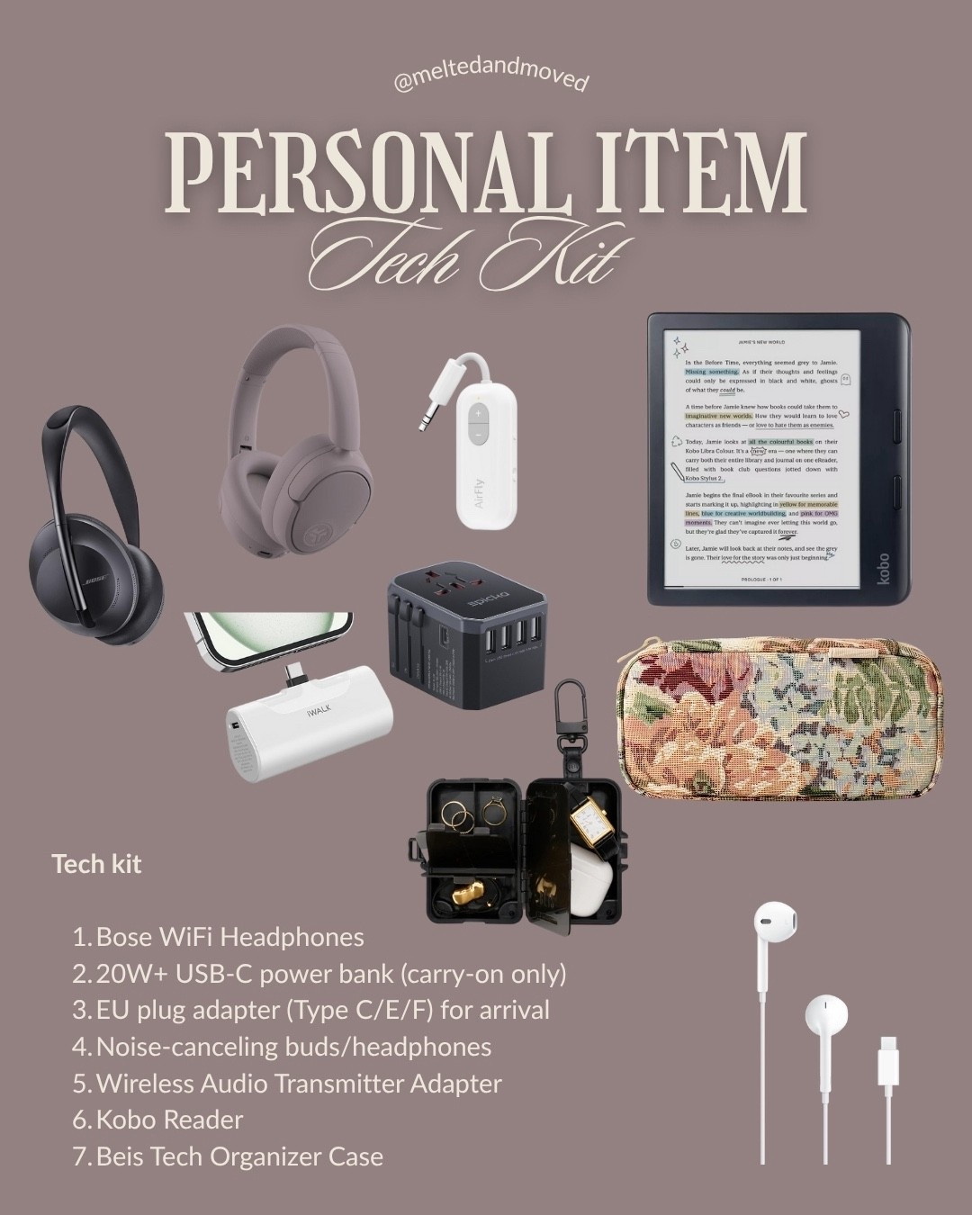 Personal item tech kit
 If you’ve ever been stuck with dead headphones, no outlet at your seat, or those crunchy airplane earbuds… this fixes it.

What to pack + why: • Wireless audio transmitter → lets your AirPods/Bose connect to the seat TV • 20W+ USB-C power bank → charges fast (and TSA-friendly in carry-on) • Multi-country adapter → plug in immediately when you land (no scrambling at the airport) • Noise-canceling headphones → for sanity • Kobo/Kindle → lighter than bringing books • Small tech pouch → so all of this isn’t floating loose in your bag

Travel feels so much easier when everything has a place and everything actually works.



#LTKTravel