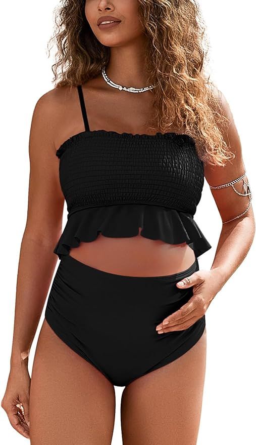 Maternity Swimsuit Spaghettis Straps Ruffle Hem Maternity Bikini Smocked Bandeau Top Maternity Ba... | Amazon (US)