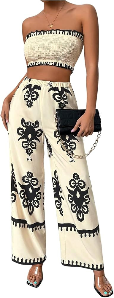 WDIRARA Women's 2 Piece Outfits Sleeveless Strapless Smocked Crop Tube Top and Graphic Wide Leg P... | Amazon (US)