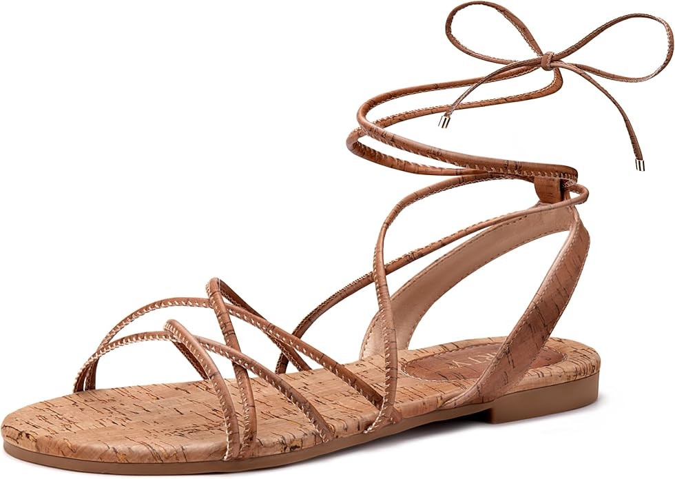 PARTY Women's Strappy Sandals Gladiator Lace Up Flats Summer Wrap Open Toe Tie Up Shoes | Amazon (US)