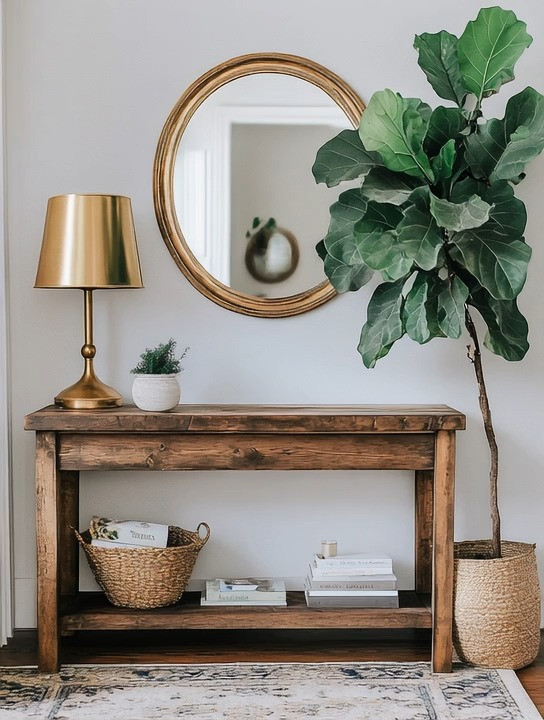 A simple wooden console table can be instantly transformed into a glamorous, elegant statement with just a few intentional additions. A sculptural gold table lamp adds warmth, reflection, and a soft glow that elevates the entire space from day to night, while a tall fig leaf tree brings in organic movement and life, balancing the richness of the metallic accents. This combination of natural wood, gold finishes, and greenery creates a timeless, grounded luxury that works beautifully in an entryway, hallway, living room, or behind a sofa. It’s proof that you don’t need excess décor—just the right pieces placed thoughtfully—to make a space feel polished, welcoming, and effortlessly sophisticated.

#ConsoleTableDecor #GoldHomeAccents #TimelessInteriorDesign 

 #LTKHome