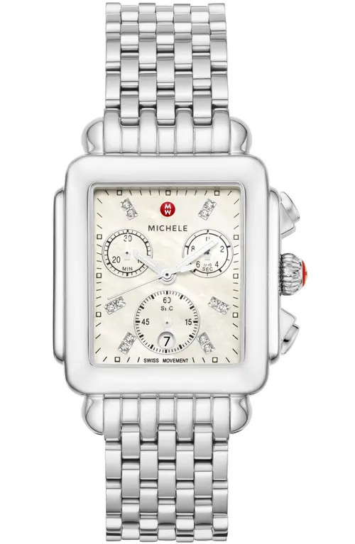 MICHELE Deco Diamond Chronograph Bracelet Watch, 33mm in Silver at Nordstrom | Nordstrom
