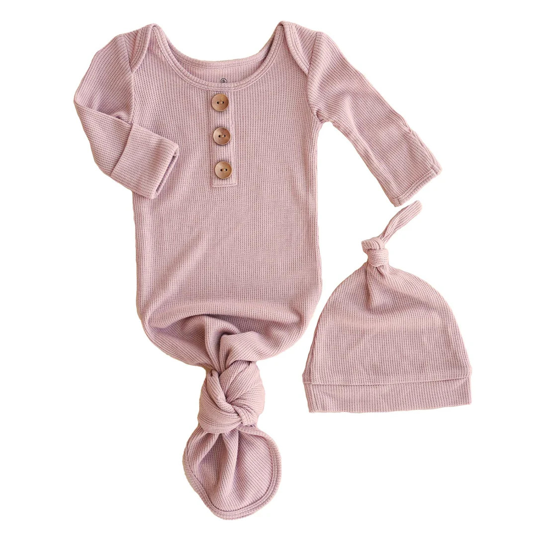 Vintage Rose Waffle Bamboo Newborn Baby Knot Gown & Hat Set | Caden Lane