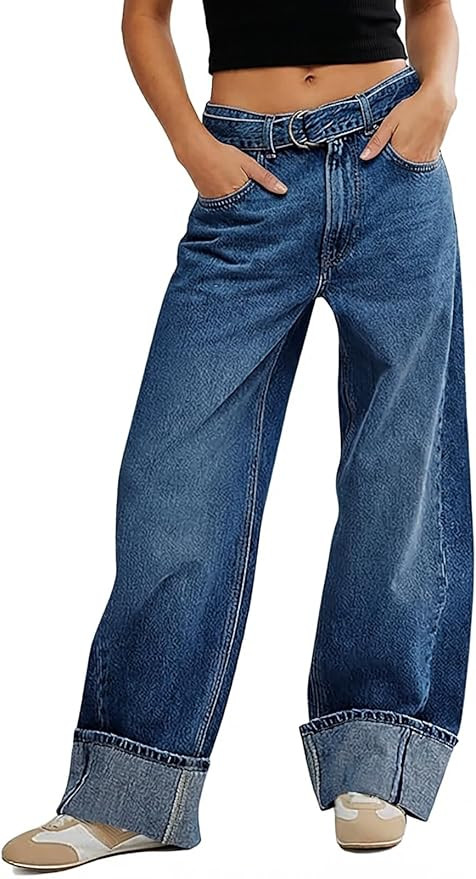 Tankaneo Womens Wide Leg Cuffed Jeans Trendy High Waisted Baggy Boyfriend Casual Denim Pants with... | Amazon (US)